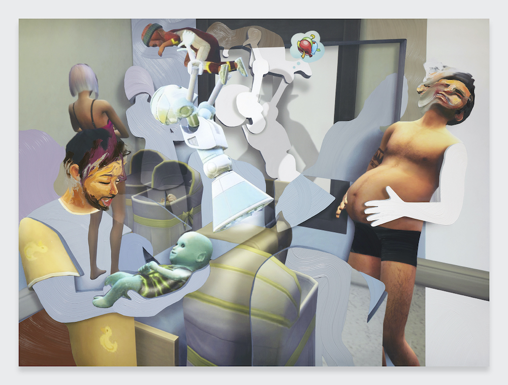 Shifted Sims #10 (Male Pregnancy Mod) 2020 Oil, acrylic, inkjet on canvas 85 x 115 inches 215.9 x 292.1 cm